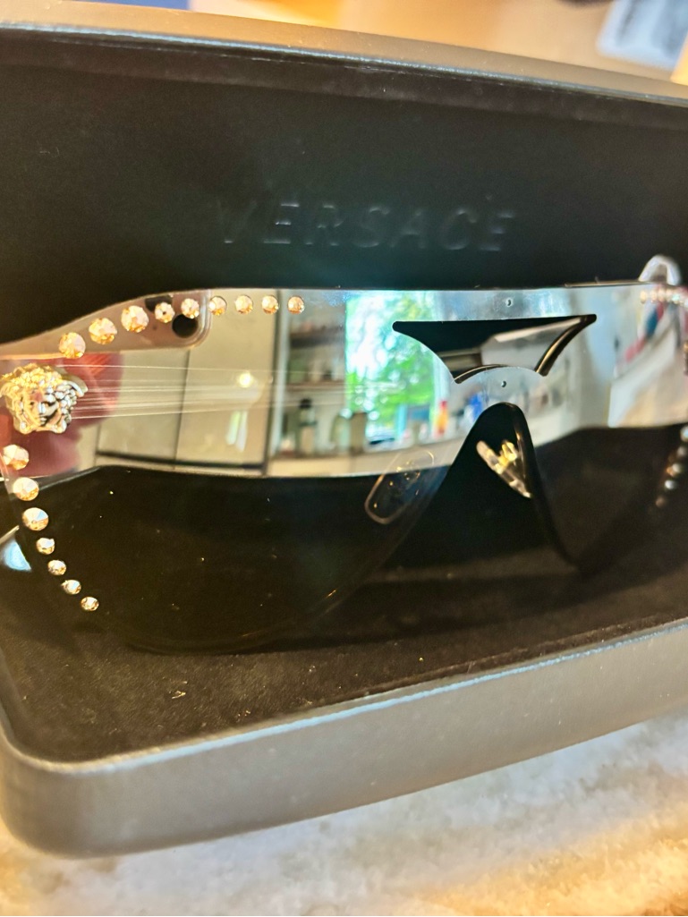 Versace Black Shield Sunglasses With Gold Medusa & Crystal Accents